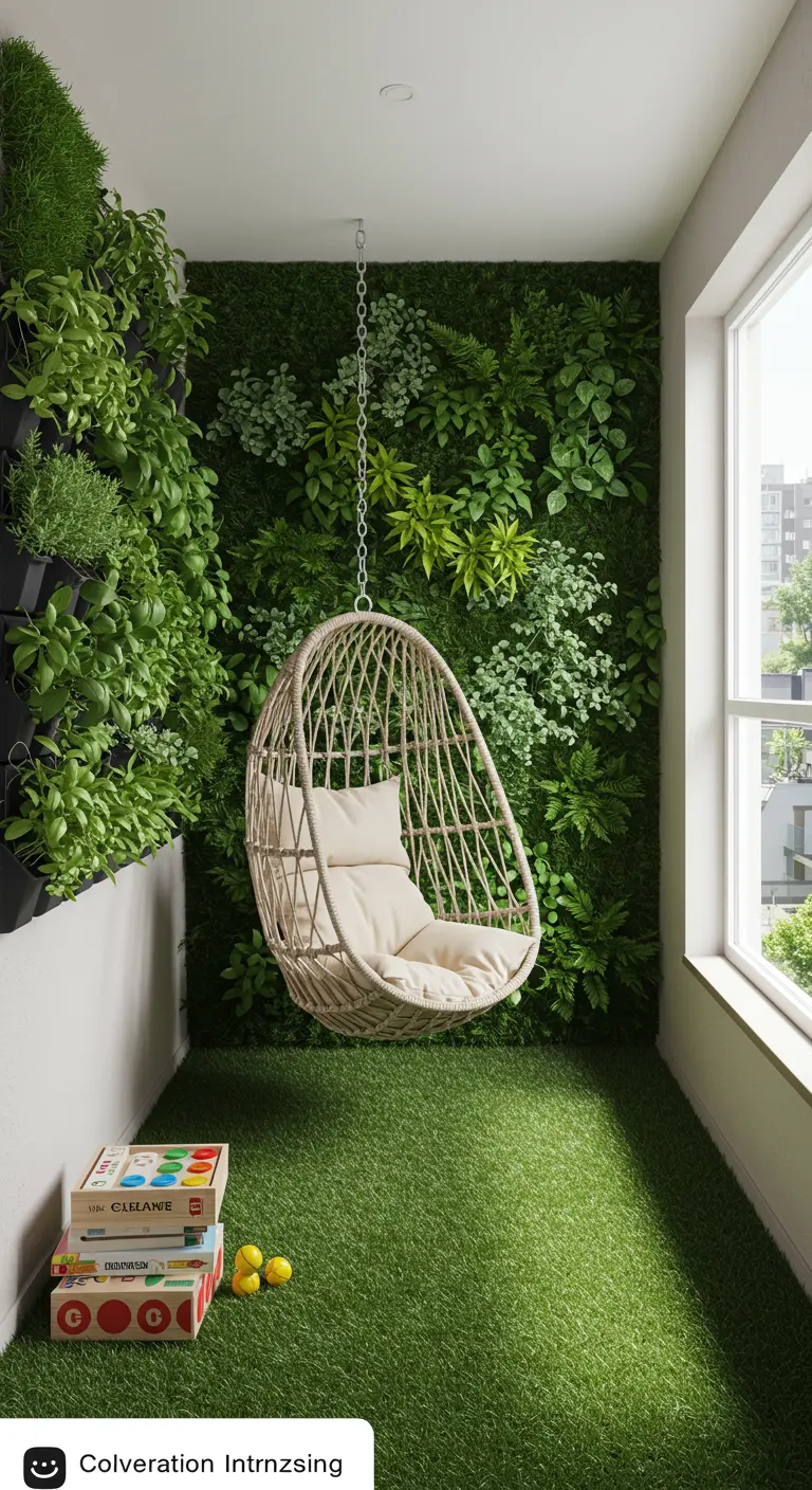 Balcón estrecho con un jardín vertical en una pared, césped artificial en el suelo y un columpio colgante.