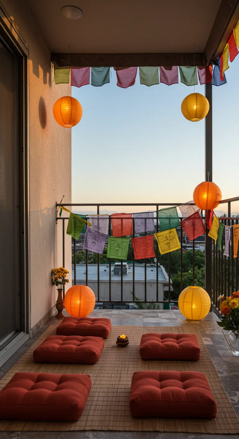 Balcón con banderas de oración tibetanas, farolillos de papel naranjas y cojines en el suelo.