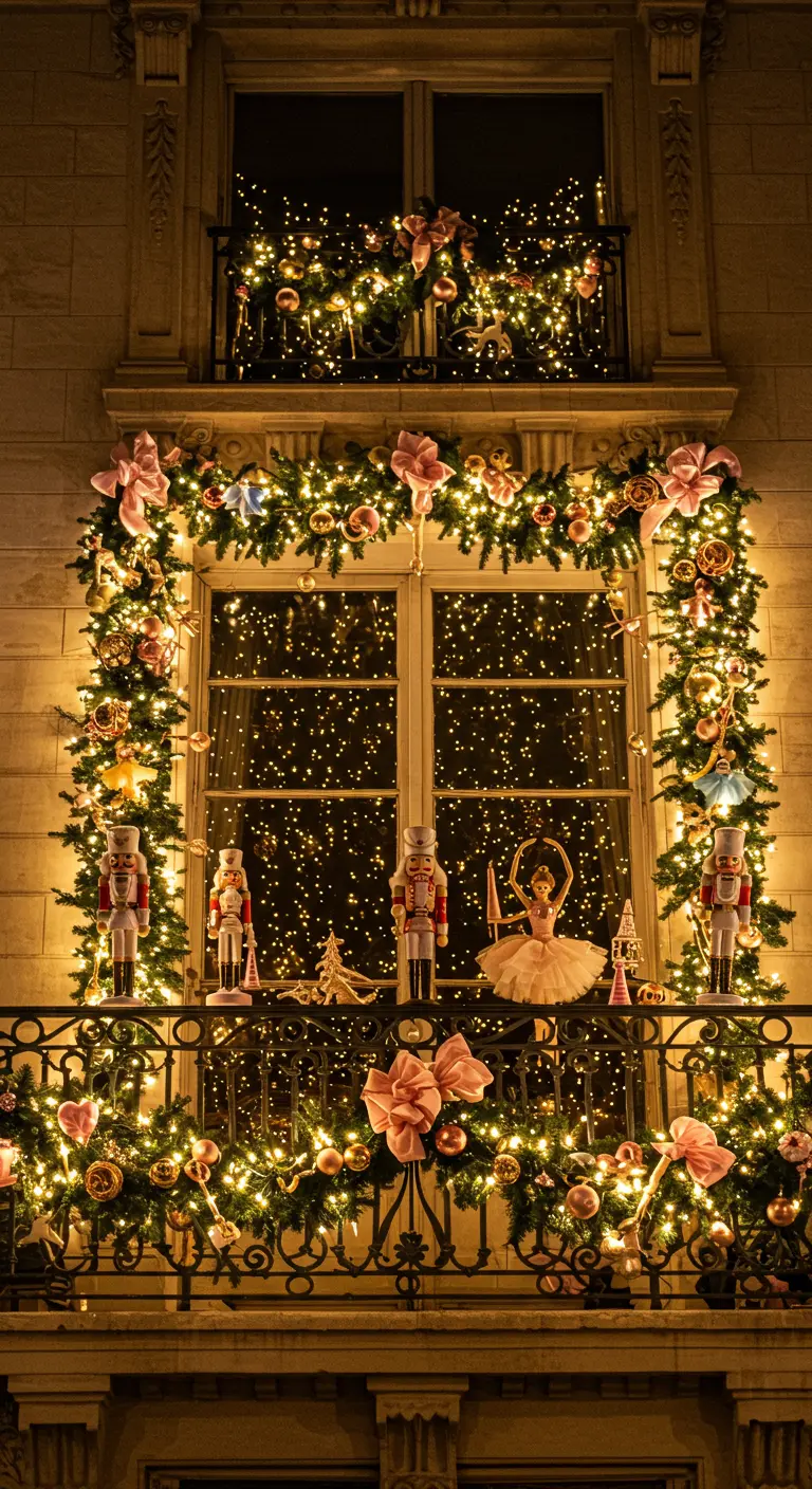 Fachada parisina con balcones y ventanas enmarcados en guirnaldas con lazos rosas y adornos dorados.