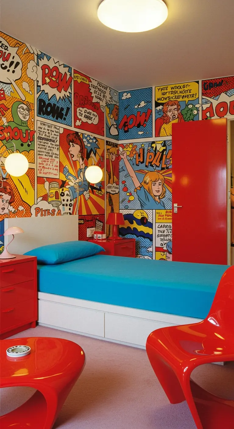 Habitación infantil de los 70 con paredes cubiertas de murales de cómic Pop Art y muebles de plástico rojo.