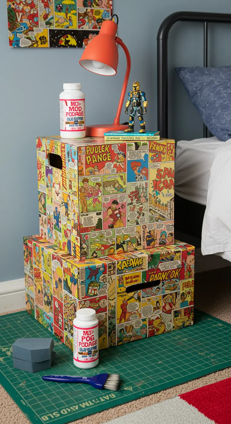 Mesita de noche DIY decorada con páginas de cómics de superhéroes.