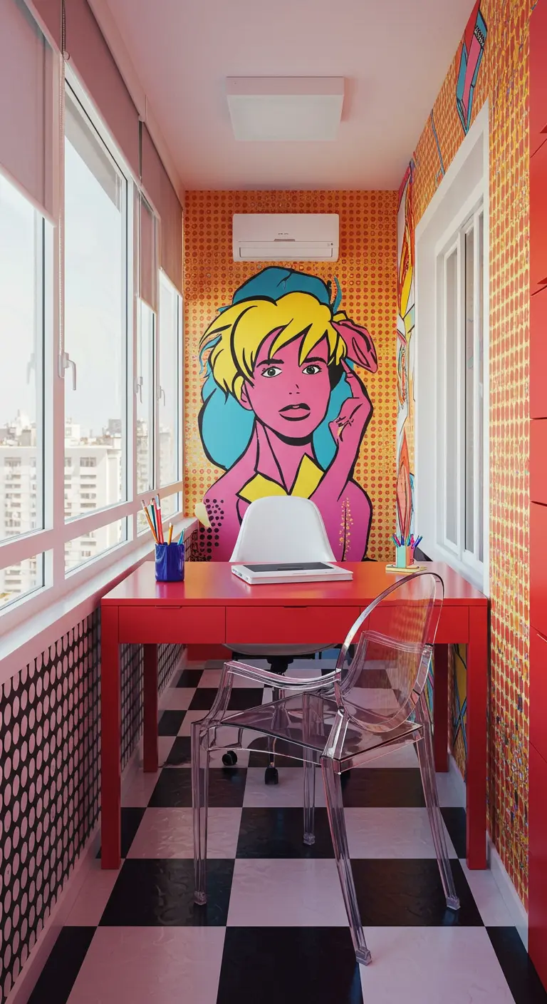 Oficina en balcón con decoración Pop Art, mural de cómic y escritorio rojo brillante
