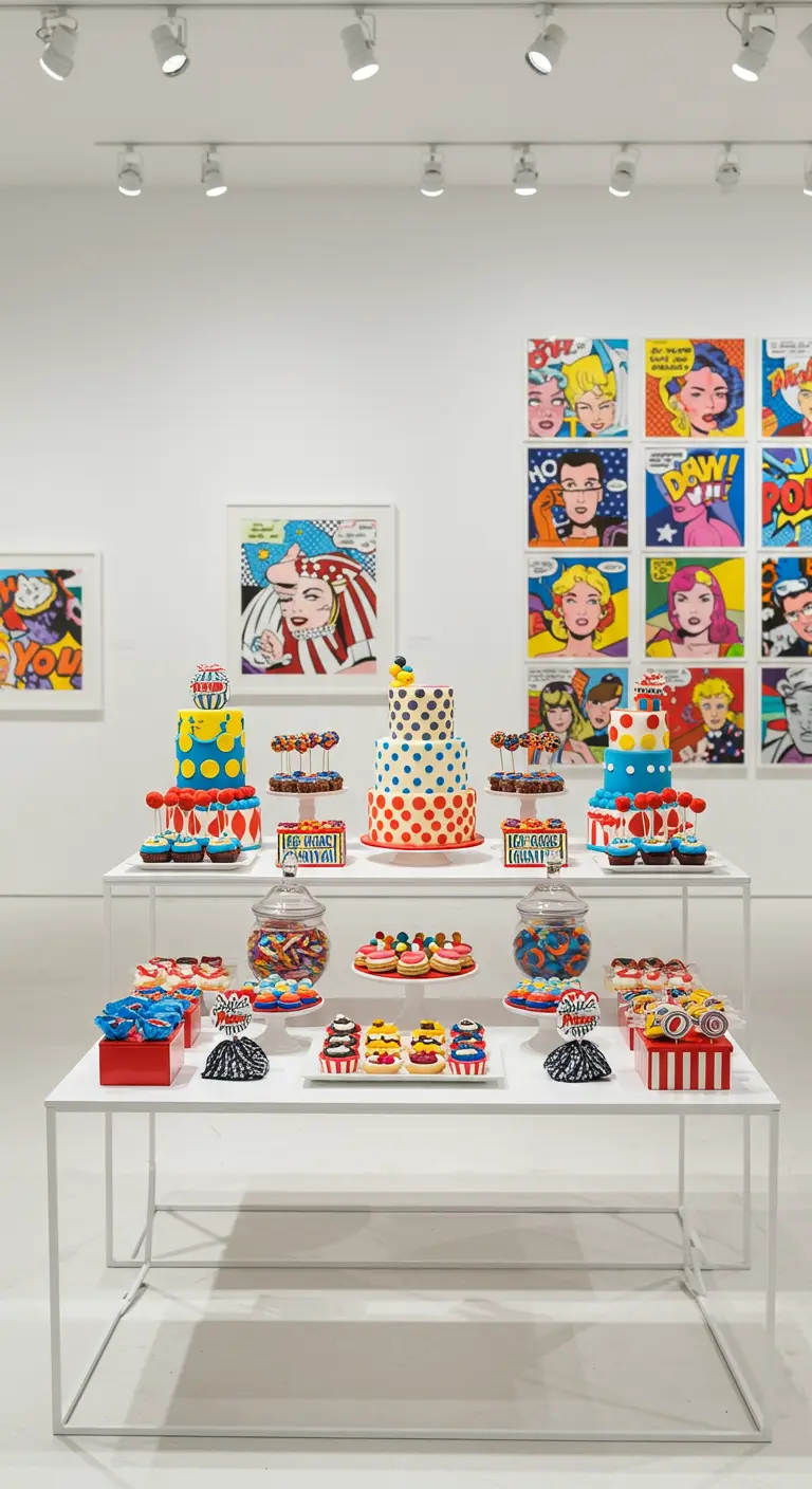 Mesa de dulces inspirada en el arte pop, con pasteles de puntos y un fondo de cómic.