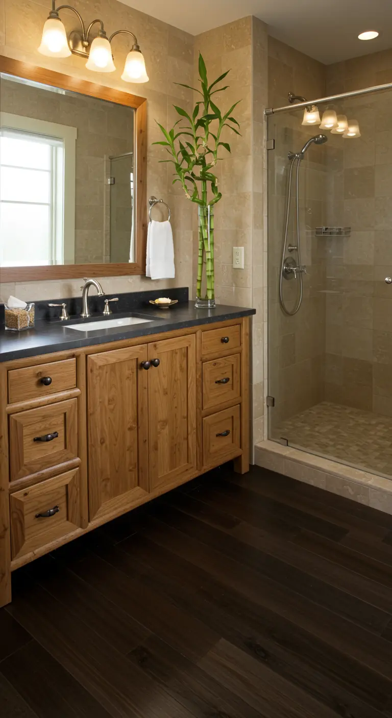 Baño con mueble de madera tradicional y un jarrón alto con bambú de la suerte.