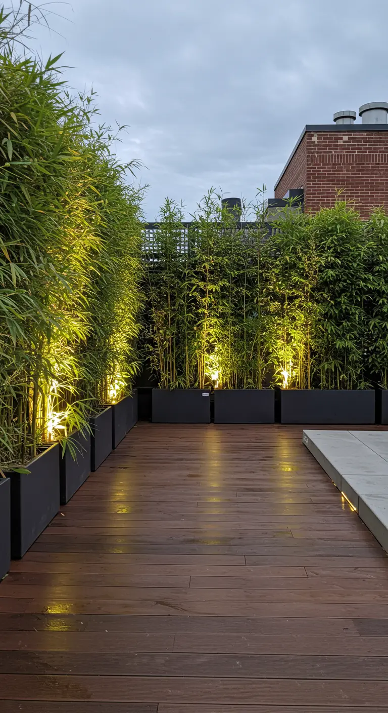 Terraza de madera con altos bambúes en macetas, iluminados desde abajo con focos solares cálidos.