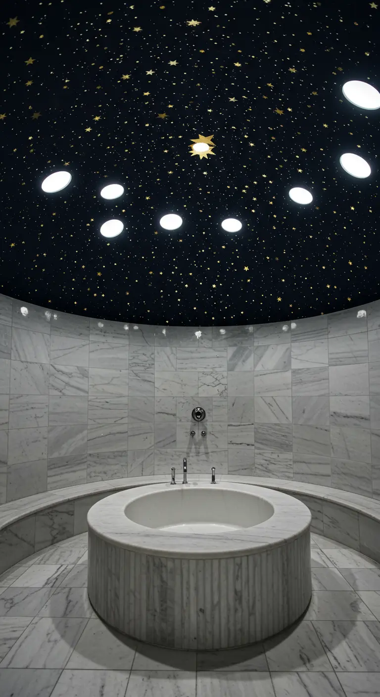 Baño de mármol blanco con una bañera redonda y un techo oscuro con luces que simulan estrellas