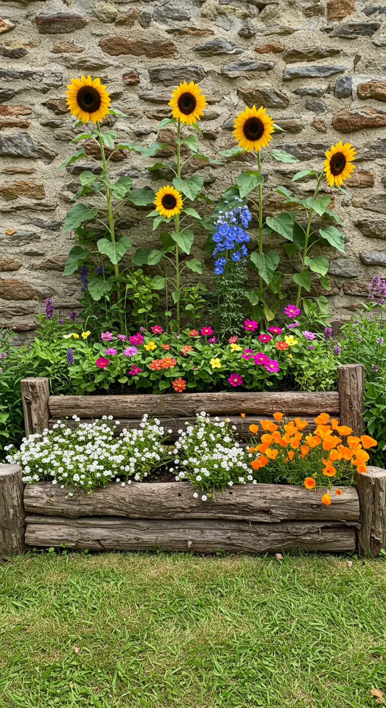 Jardinera de troncos a dos niveles con girasoles altos detrás y flores bajas de colores delante