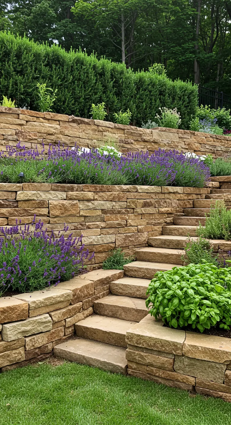 Jardín en pendiente con bancales y escaleras de piedra natural, con plantaciones de lavanda y albahaca