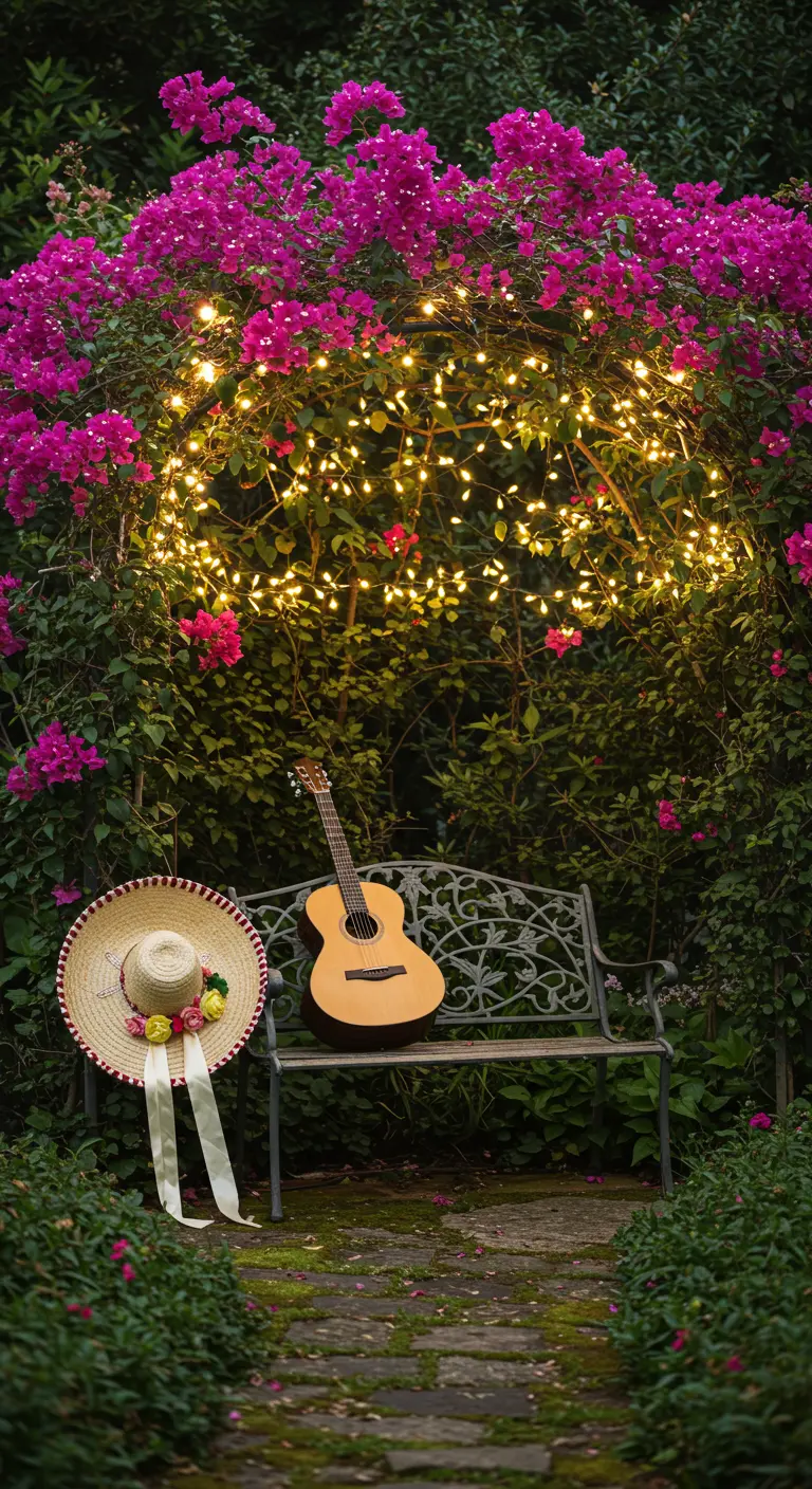Banco de jardín bajo un arco de flores iluminado con luces, con una guitarra y un sombrero.
