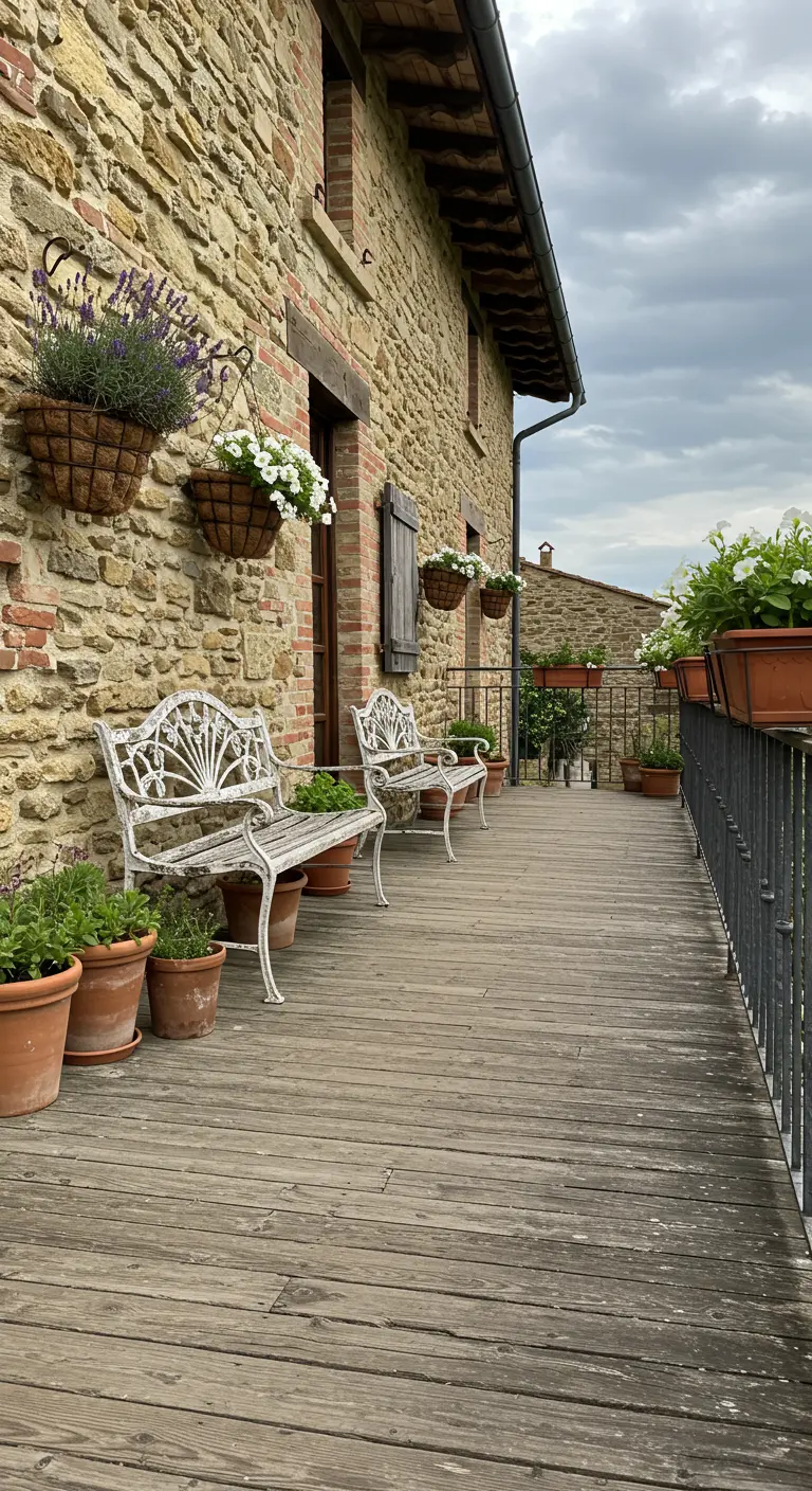 Terraza rústica de madera con bancos de hierro forjado blanco y macetas de lavanda.