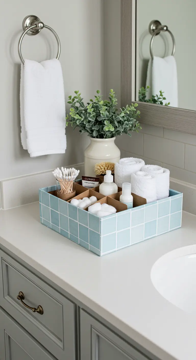 Bandeja organizadora hecha con una tapa de caja de zapatos y decorada con papel de azulejos azules.