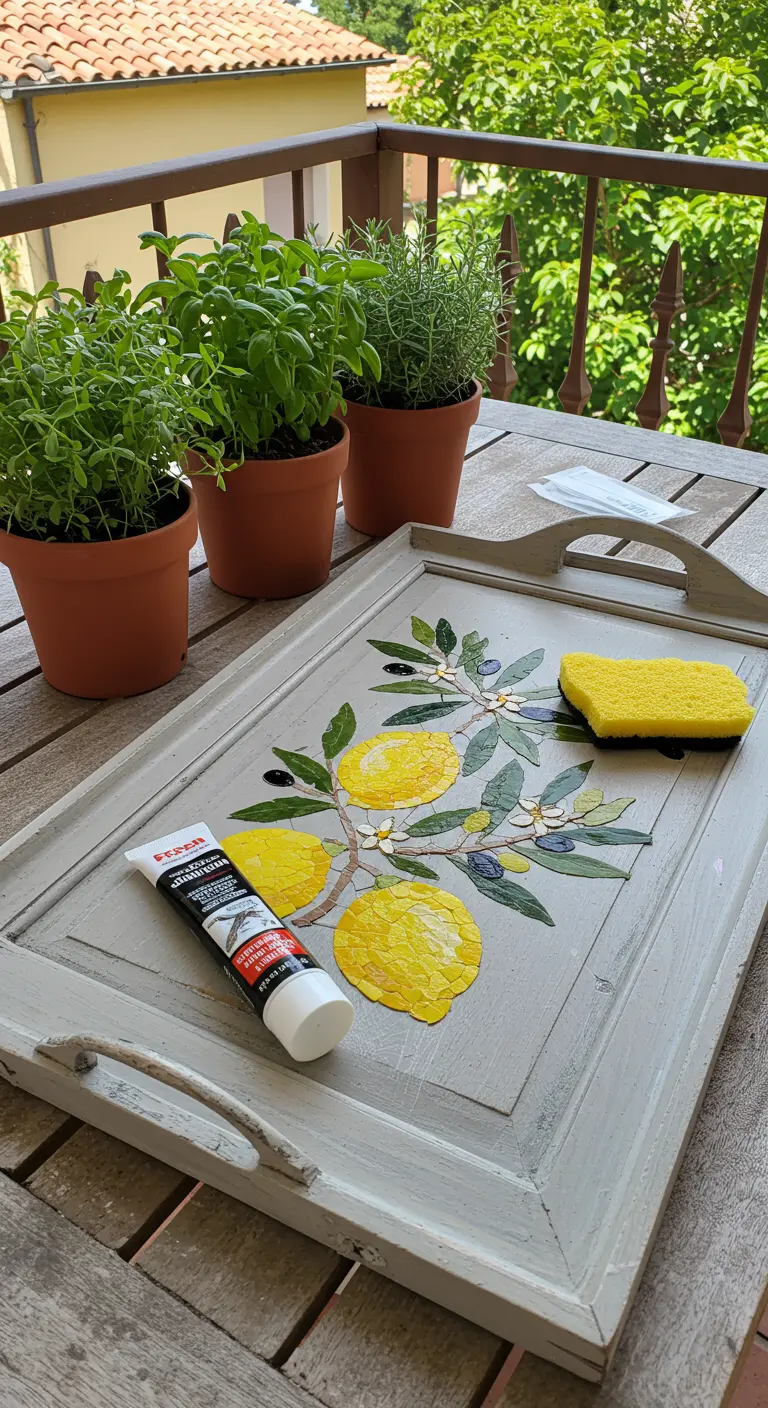 Bandeja de madera gris decorada con un mosaico que representa limones y ramas de olivo.