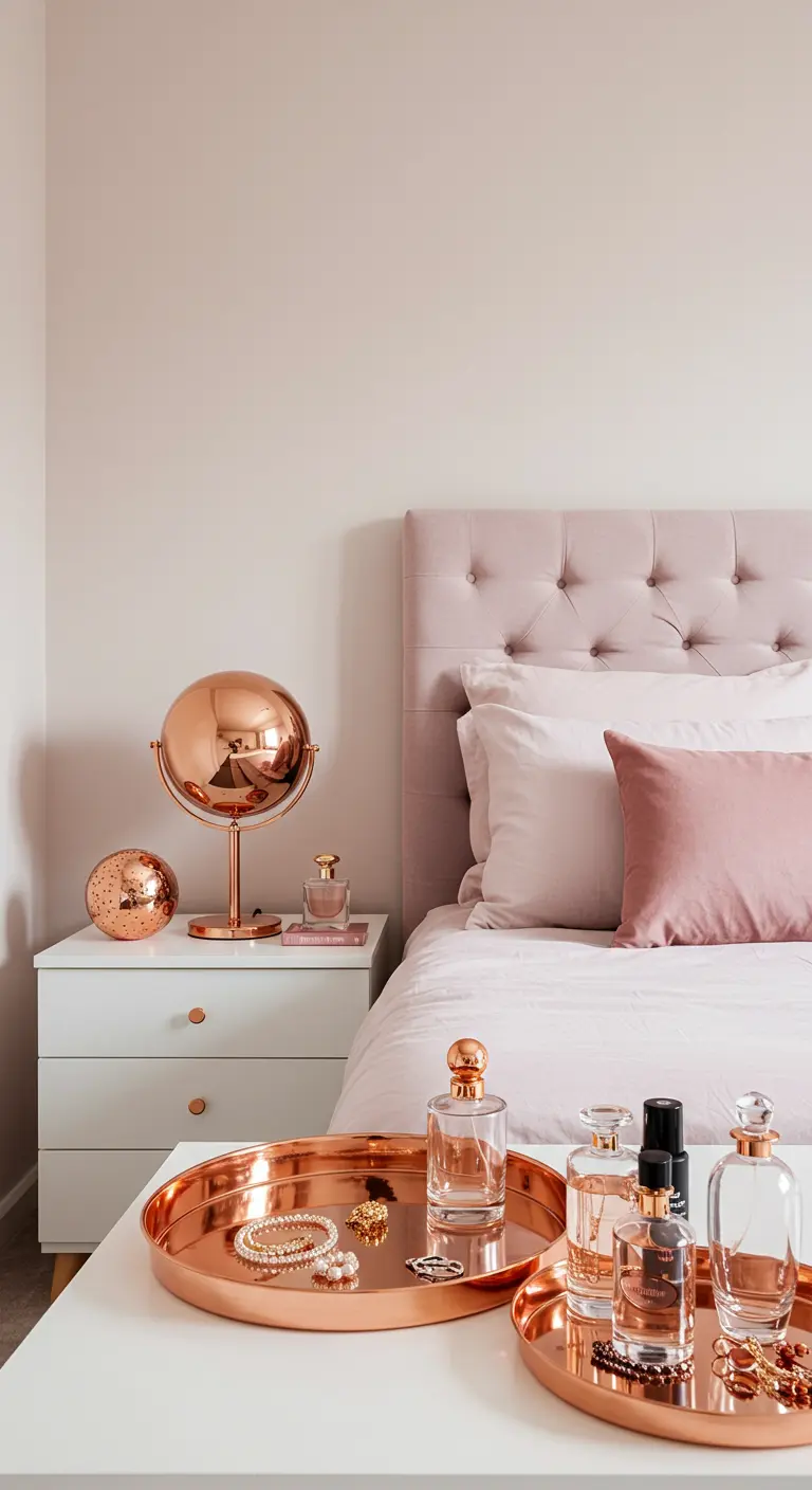 Bandejas de cobre con perfumes y joyas sobre una cómoda blanca en un dormitorio rosa.