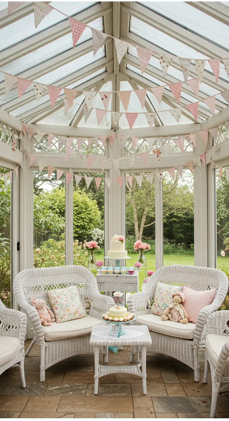 Banderines de papel con estampados florales y de lunares en un invernadero blanco.