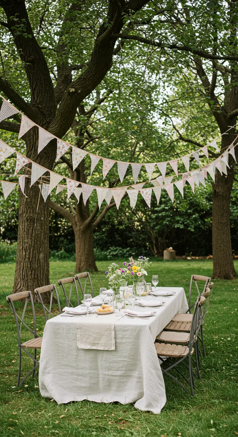 Guirnalda de banderines de tela con estampados florales colgada sobre una mesa en el jardín.