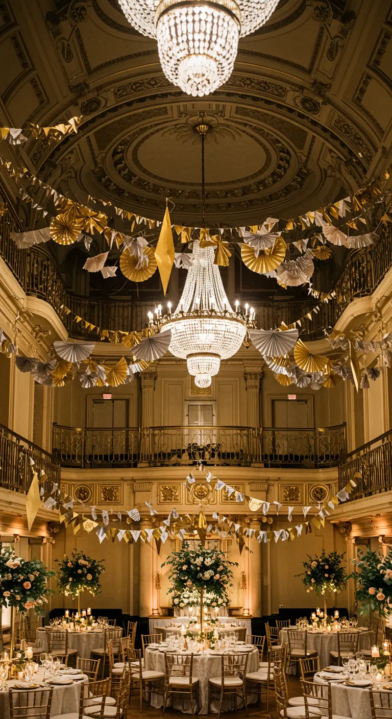 Salón de baile opulento decorado con guirnaldas de banderines y rosetones de papel en oro y blanco.
