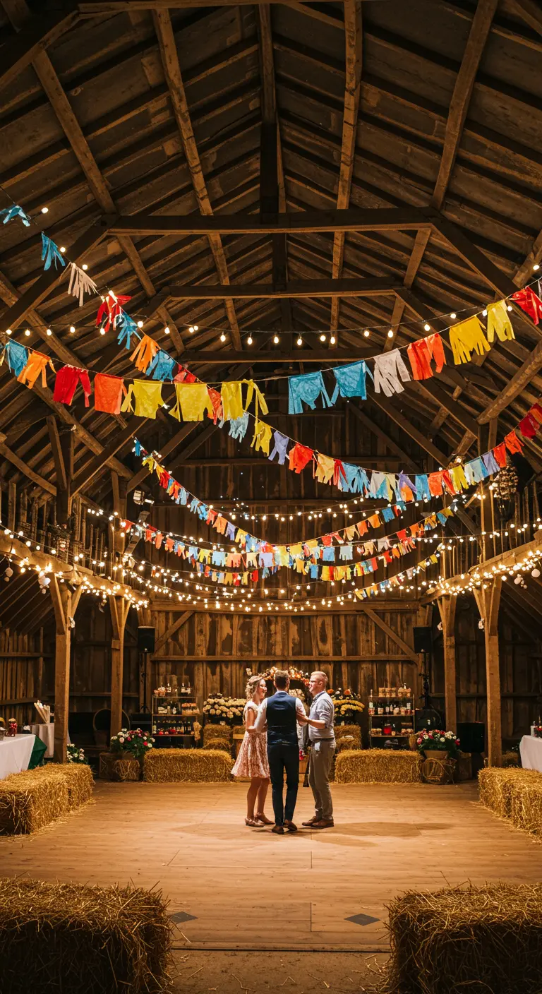 Granero de madera decorado para una fiesta con guirnaldas de tela de colores y luces.