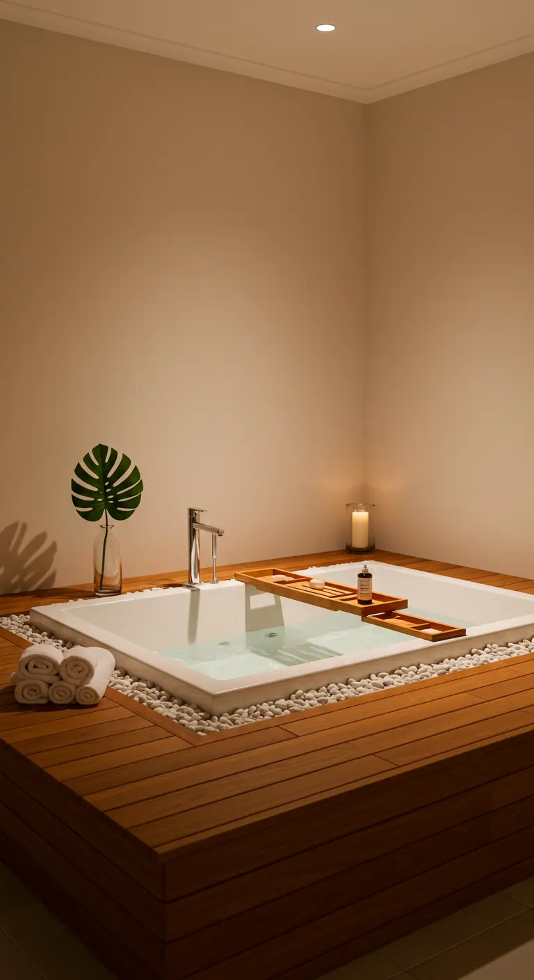 Bañera encastrada en una tarima de madera, rodeada de piedras blancas y con una bandeja de bambú.