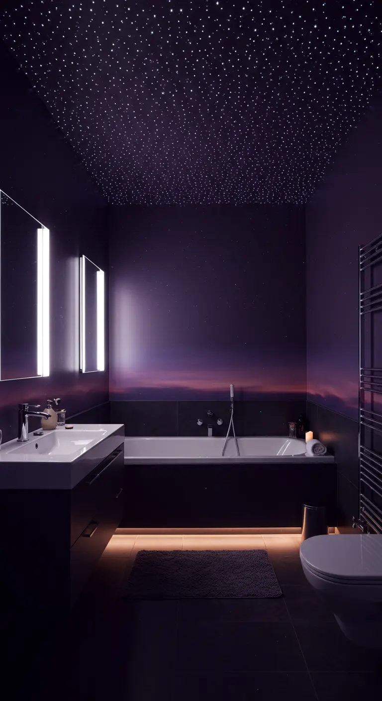 Baño oscuro con un techo de fibra óptica que simula un cielo estrellado y paredes púrpuras