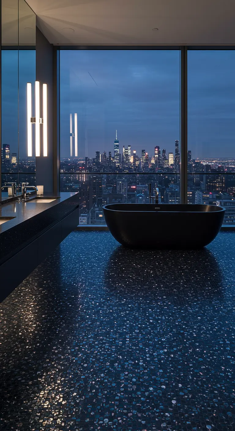 Baño moderno con gran ventanal a la ciudad, suelo de mosaico oscuro e iridiscente y bañera negra.