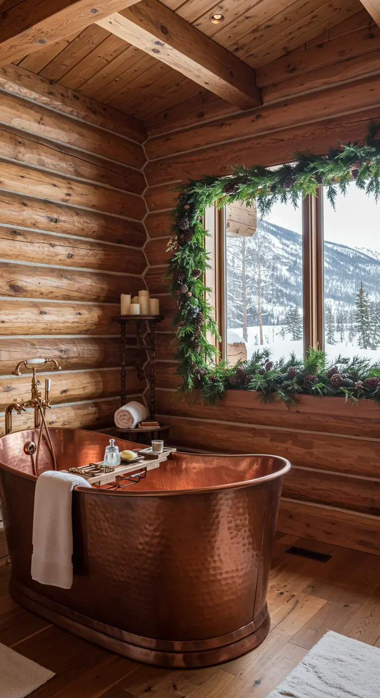 Bañera de cobre en una cabaña de madera, con una ventana enmarcada por una guirnalda de pino.