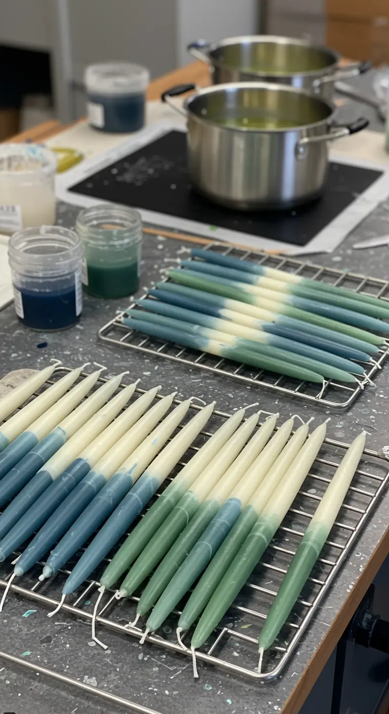 Proceso de teñido por inmersión de velas largas en tonos verdes y azules sobre rejillas.