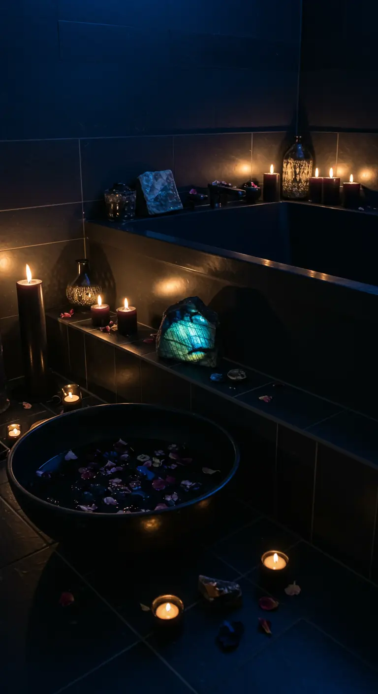 Baño oscuro iluminado por velas, con pétalos flotando y un cristal de labradorita iridiscente.