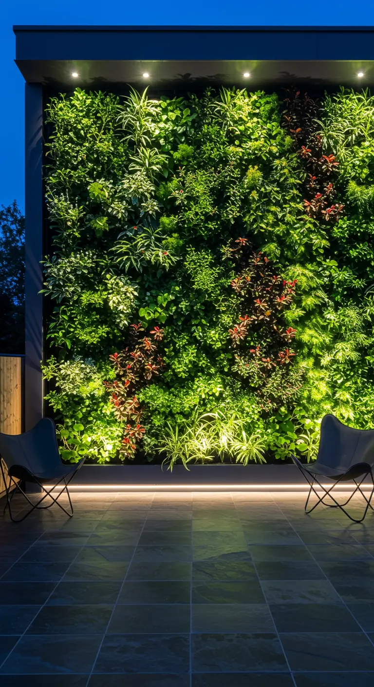 Un exuberante jardín vertical iluminado desde la base por una tira de luz LED brillante.