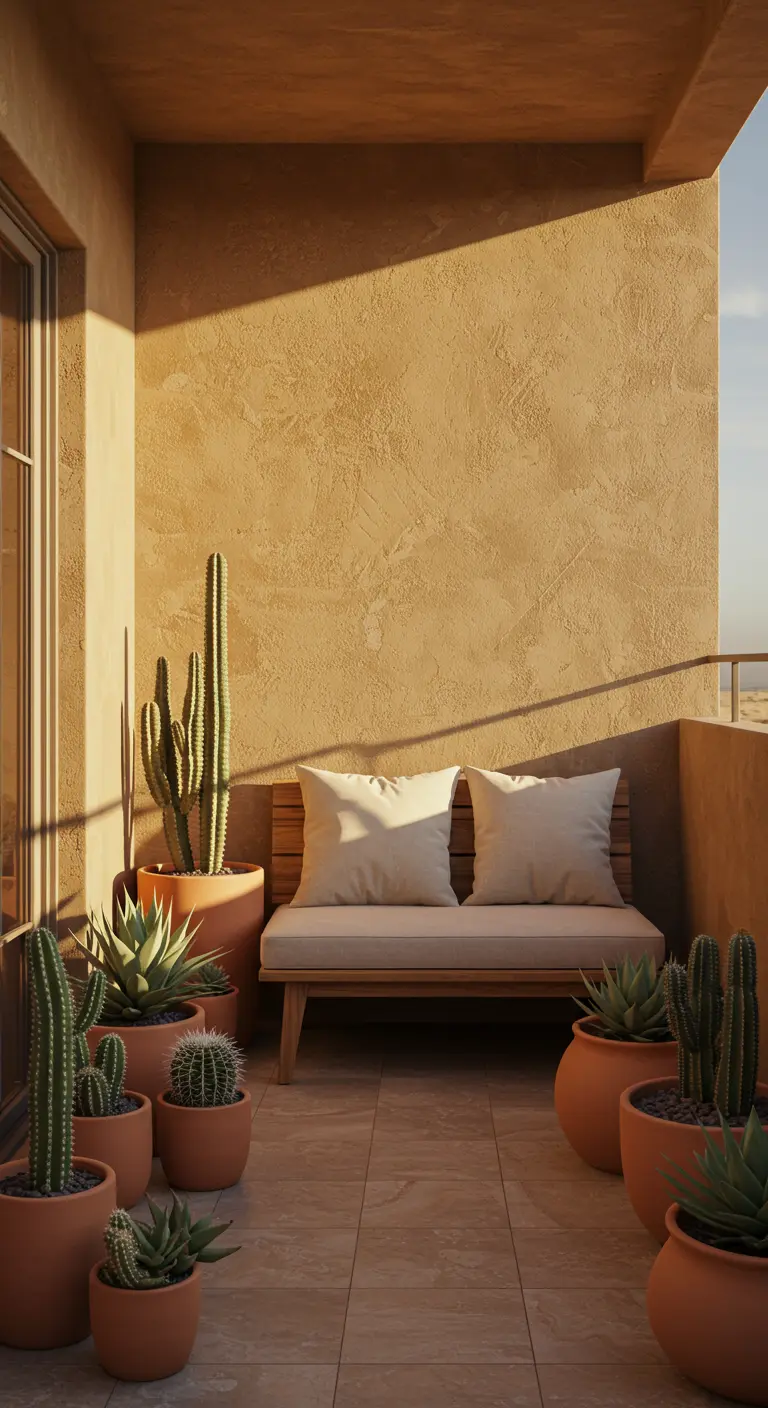 Balcón soleado con paredes texturizadas, un banco de madera y varios cactus en macetas de barro.
