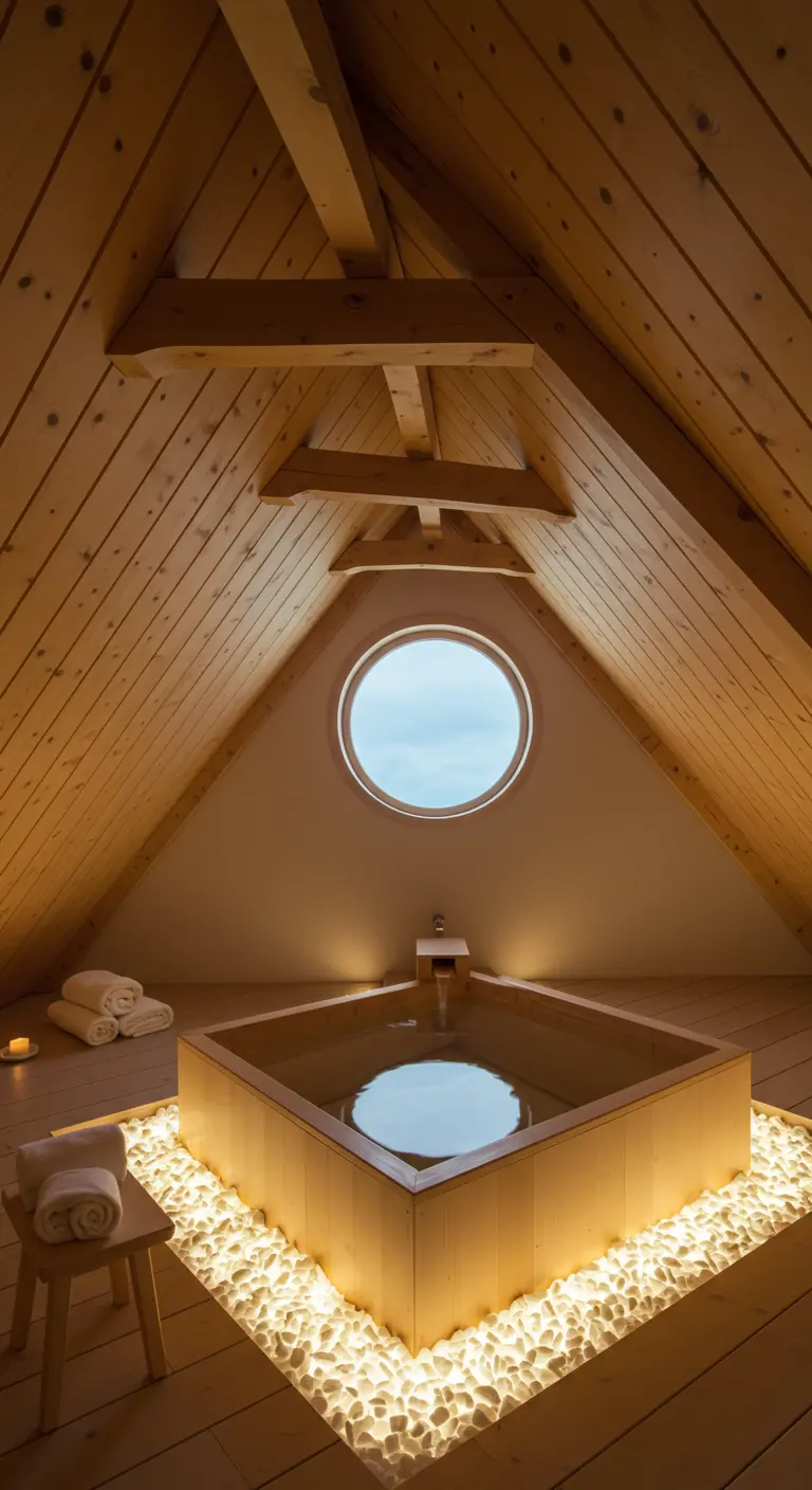 Ático de madera con bañera cuadrada japonesa rodeada de piedras blancas iluminadas desde abajo.