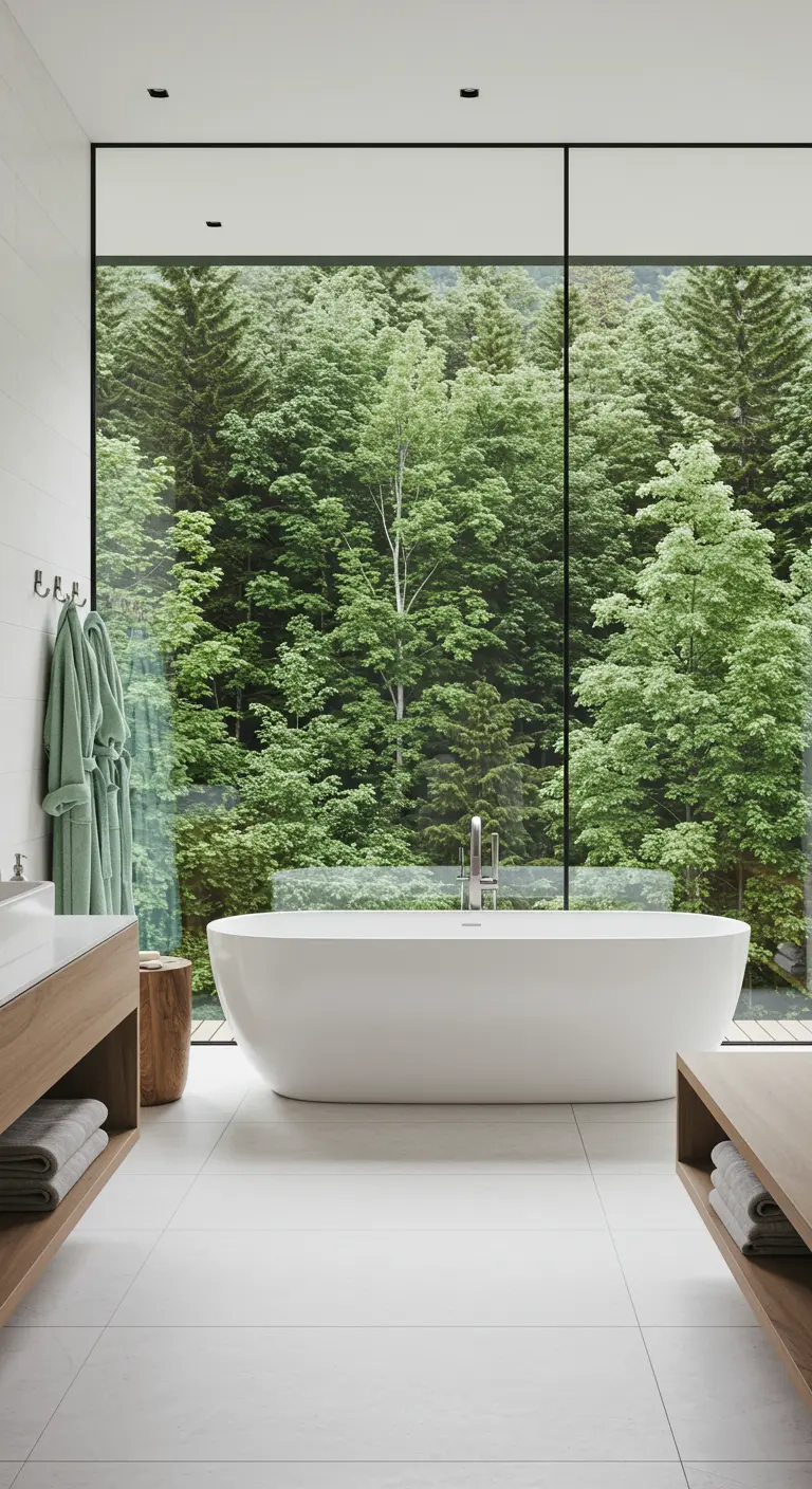 Baño con una pared de cristal completa con vistas a un frondoso bosque verde.