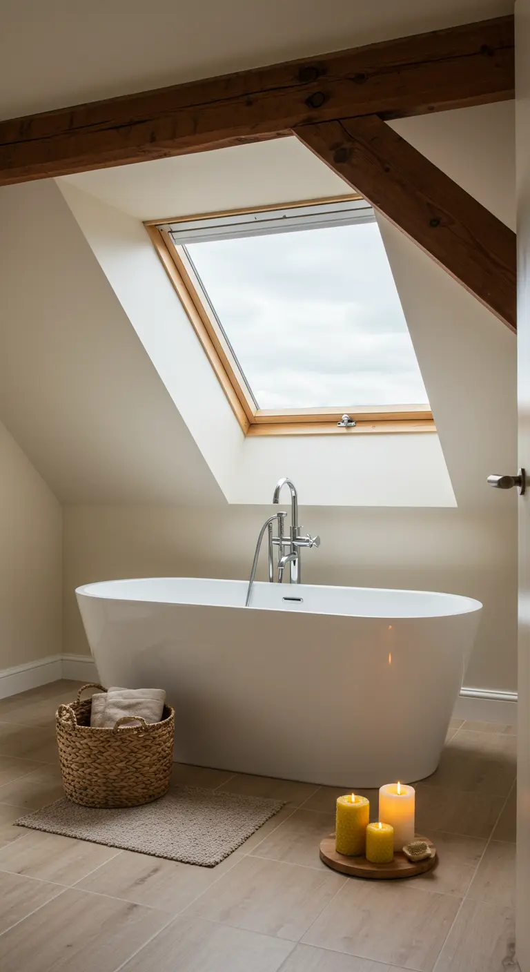 Bañera exenta en un ático con un gran tragaluz y vigas de madera expuestas.