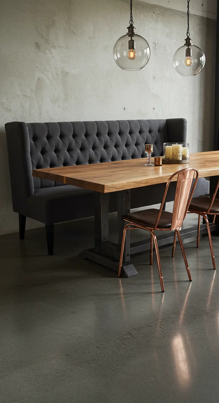 Comedor industrial con una banqueta tapizada en capitoné gris y sillas de metal cobrizo.