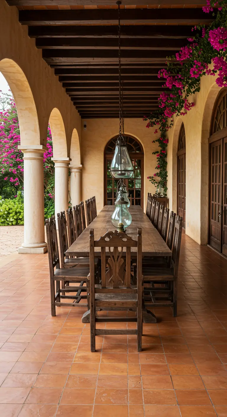 Larga mesa de comedor de madera bajo un porche con arcos y una gran lámpara de vidrio colgante