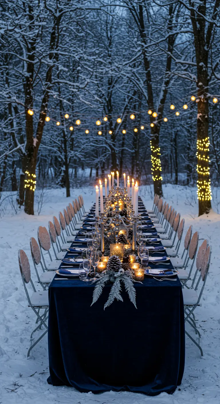 Larga mesa de banquete montada en un bosque nevado, con velas y luces colgantes.