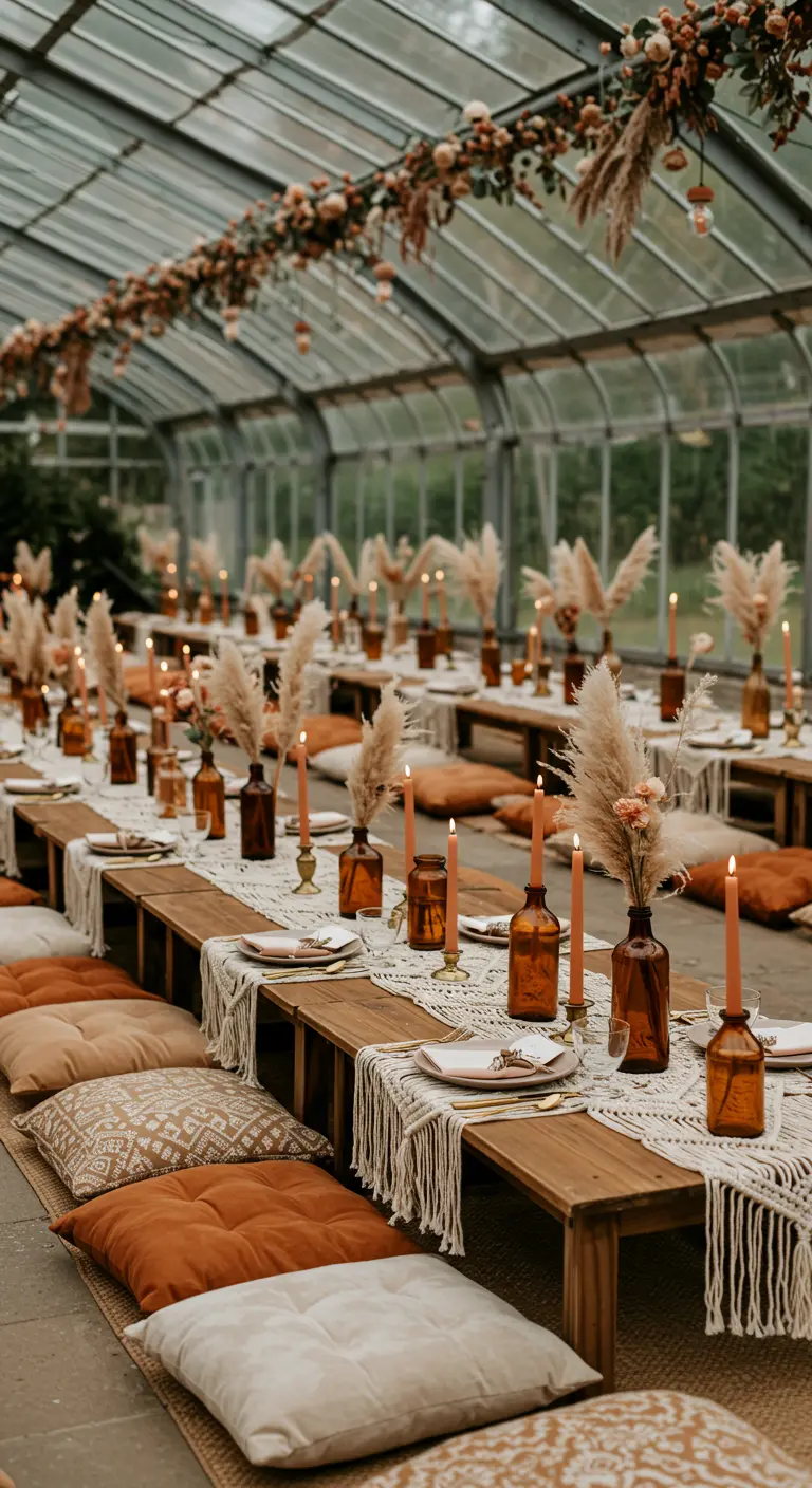 Recepción de boda bohemia con mesas bajas, cojines en el suelo y decoración de macramé.