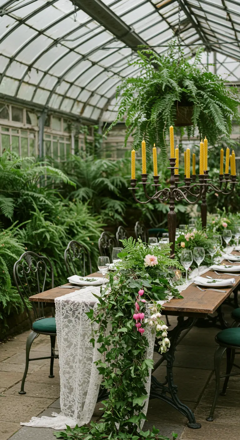 Mesa de boda en un invernadero con un candelabro con velas de cera de abeja y mucho verde.