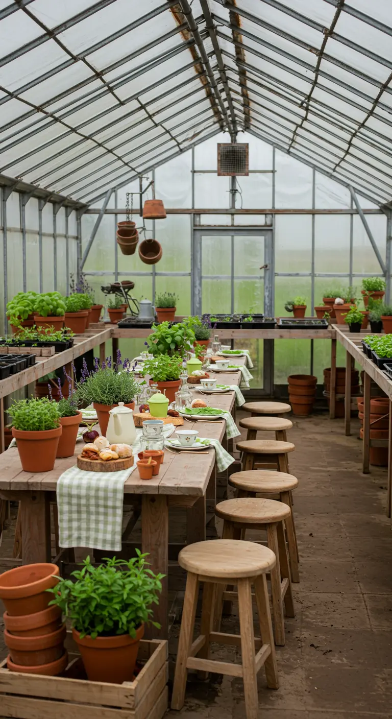 Mesas de té largas dentro de un invernadero rústico, decoradas con macetas de hierbas aromáticas.