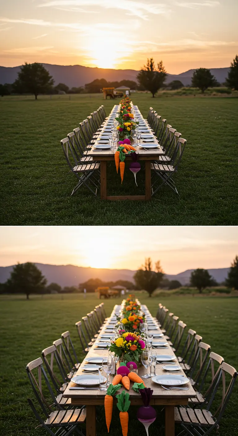 Mesa de banquete al aire libre decorada con un camino de flores y verduras de papel.