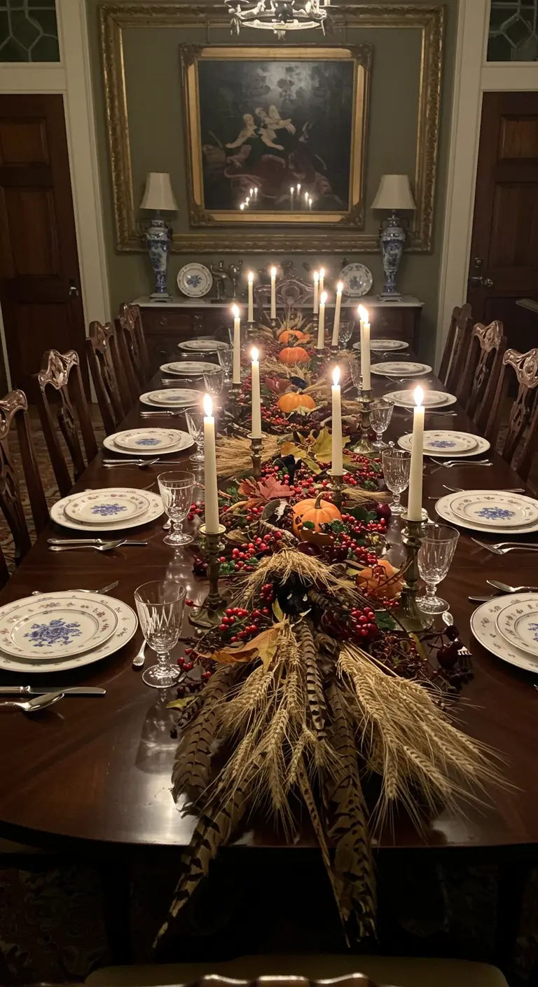 Elegante mesa de comedor con un centro de mesa de bayas, plumas y espigas de trigo.
