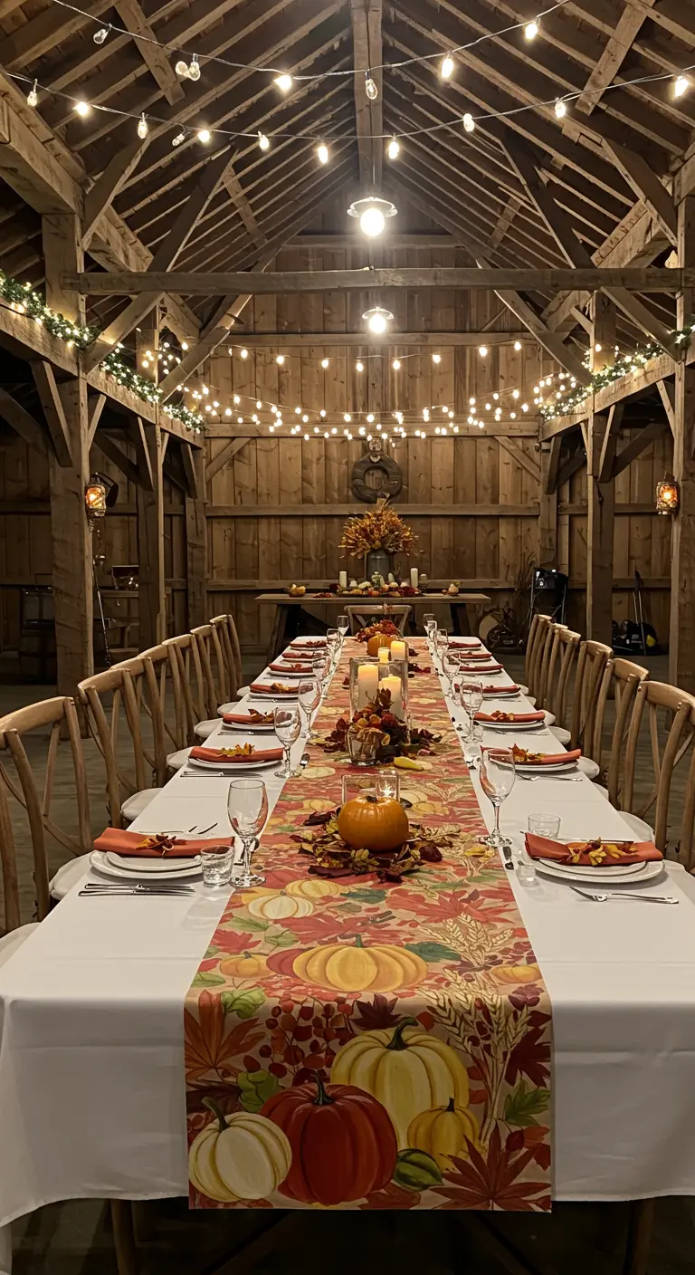 Camino de mesa con calabazas y hojas de otoño en una larga mesa de madera en un granero.