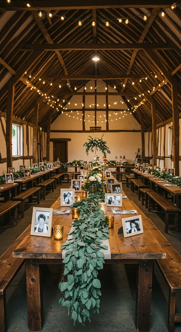 Mesas largas de madera en un granero rústico decoradas con fotos enmarcadas y luces cálidas.