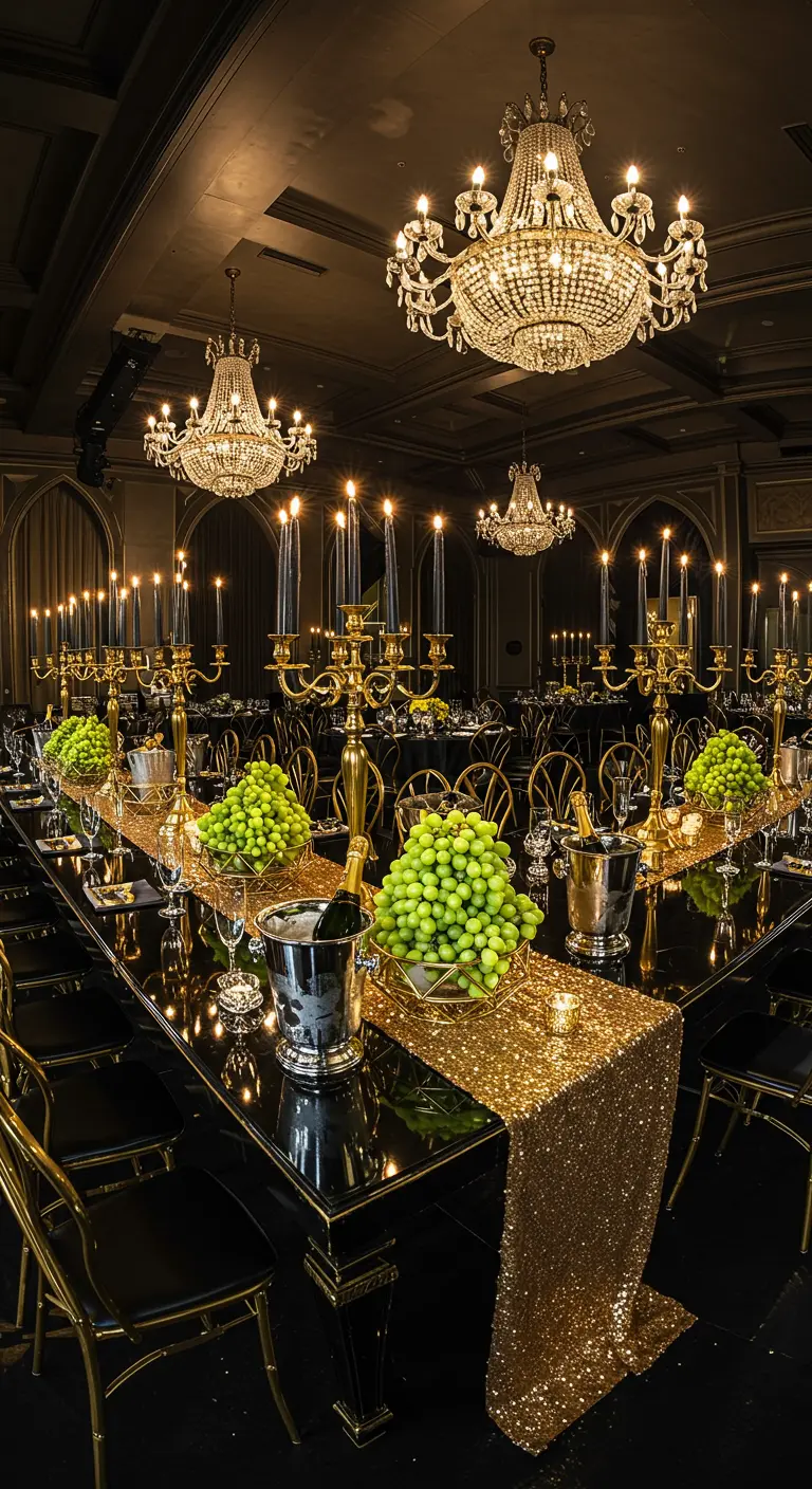 Mesa larga de banquete negra y dorada con candelabros altos y uvas verdes frescas.