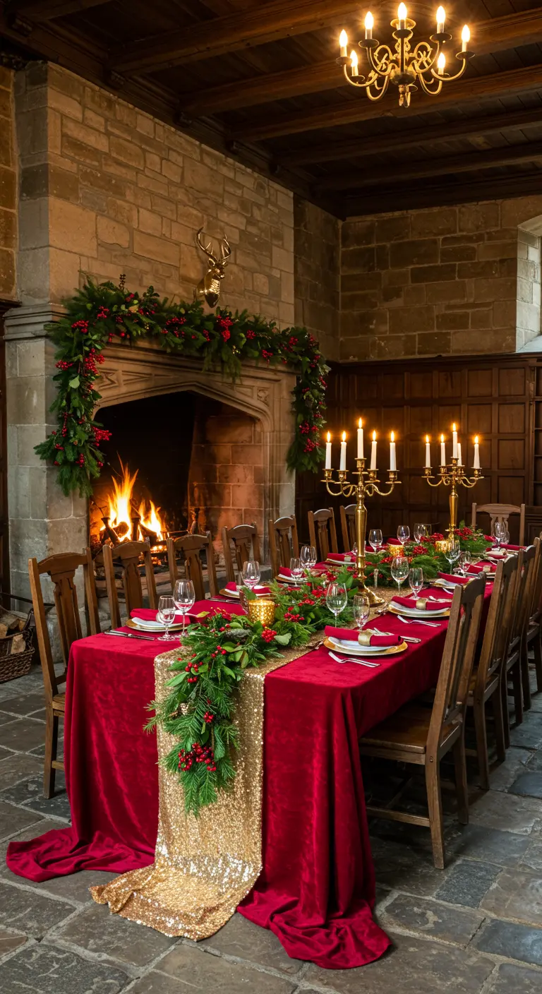Larga mesa navideña con mantel de terciopelo rojo y camino de lentejuelas doradas frente a una chimenea.