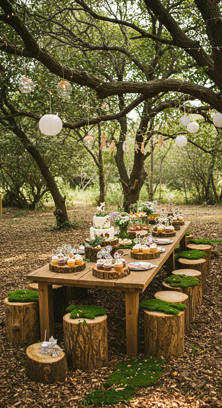 Mesa de postres rústica en un bosque con cupcakes y asientos de troncos.