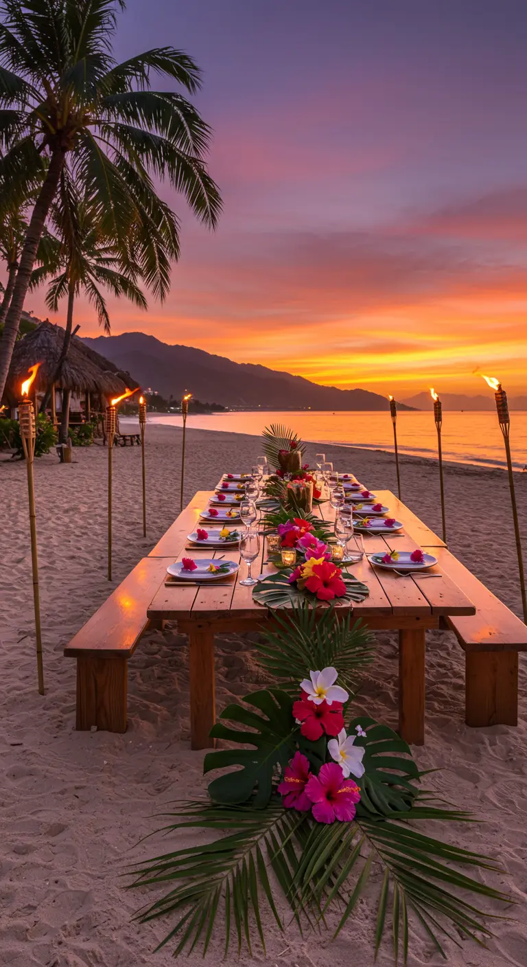 Larga mesa de madera en la playa al atardecer con antorchas tiki y flores tropicales.