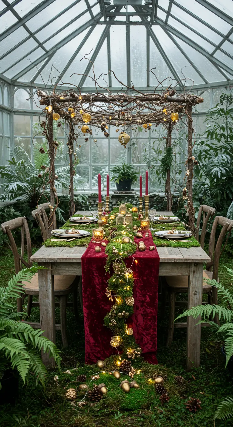Mesa de madera en un invernadero con camino de terciopelo rojo, musgo y luces de hadas.