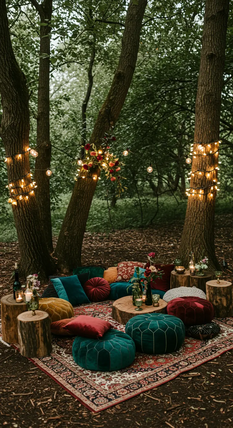 Zona de descanso en un bosque con cojines de terciopelo de colores y luces en los árboles.