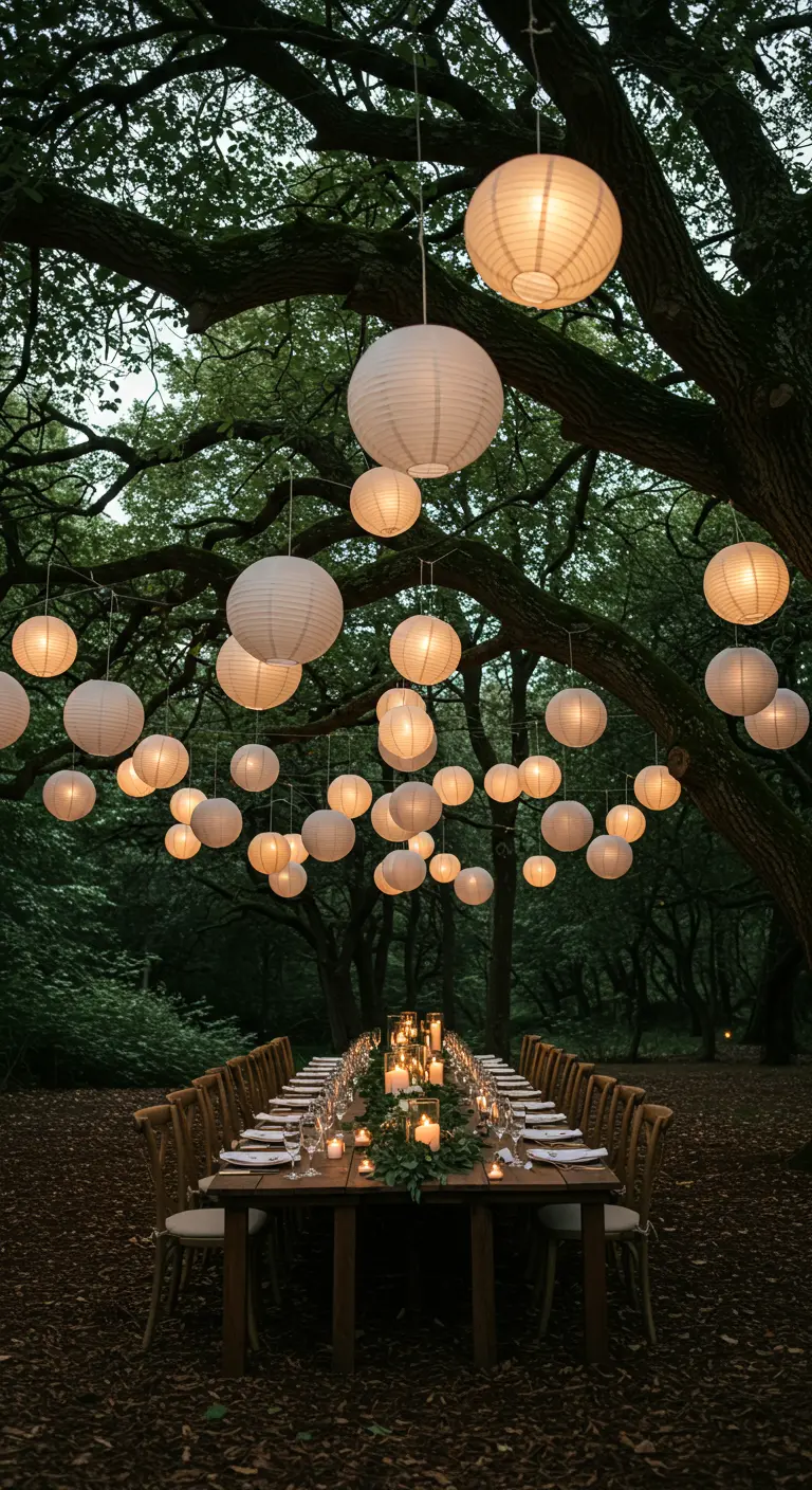 Larga mesa de boda en un bosque iluminada por lámparas de papel colgantes.