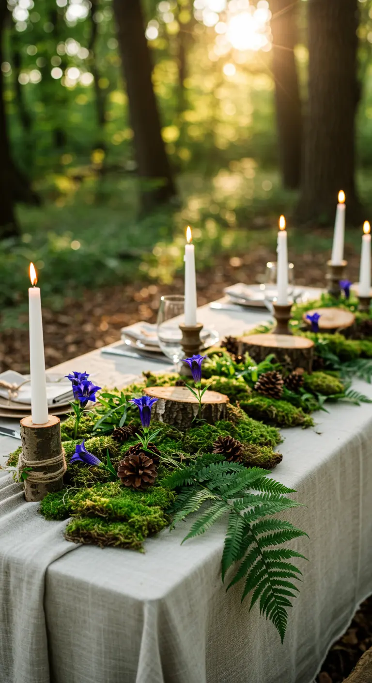 Mesa de bautizo en el bosque con un camino de musgo, velas y flores azules.